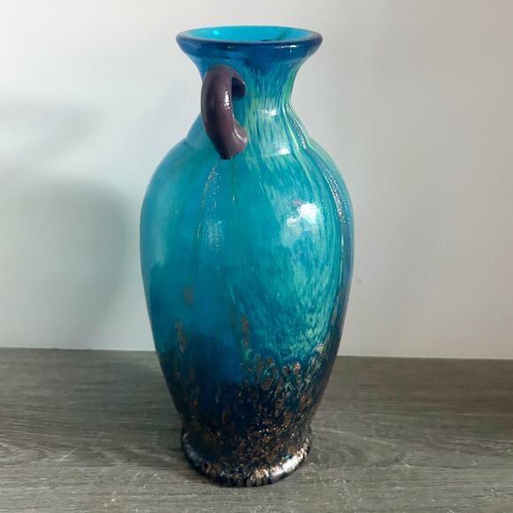 Dale Tiffany Favrile Amphora Art Glass Teal Blue Copper Aventurine 10" Vase EUC - Picture 3 of 10